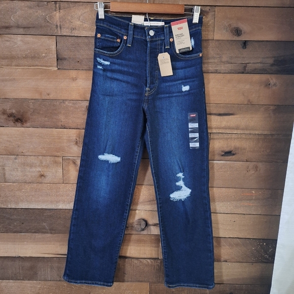 Levis Ribcage Straight Ankle Distressed Dark Wash Jeans SZ 24 - Picture 1 of 13